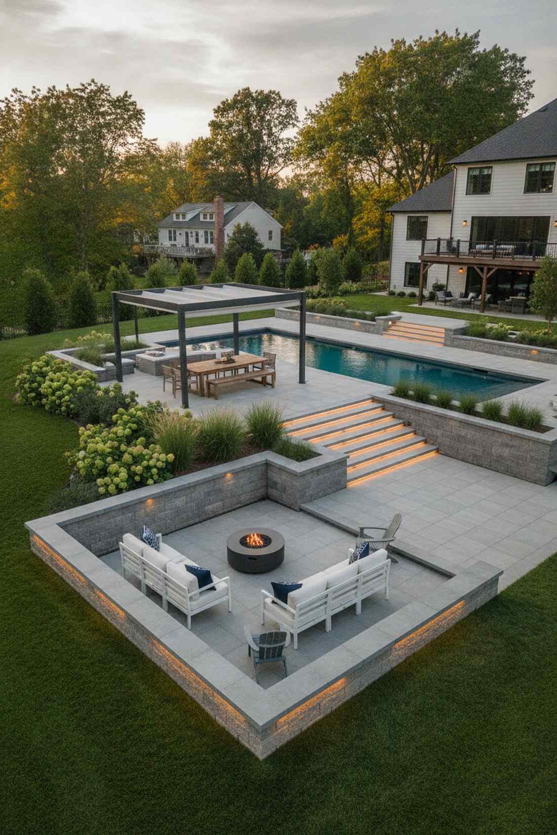 rectangular pool with dual level patio