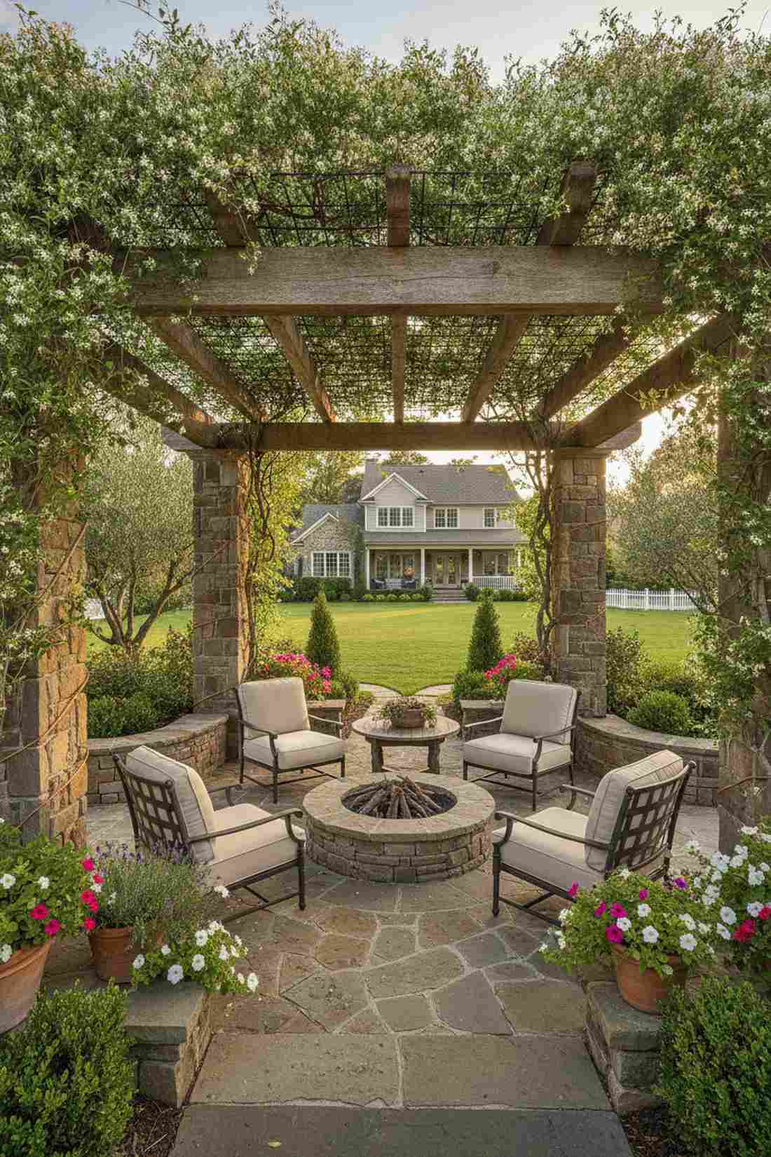 wooden beam pergola with climbing vines