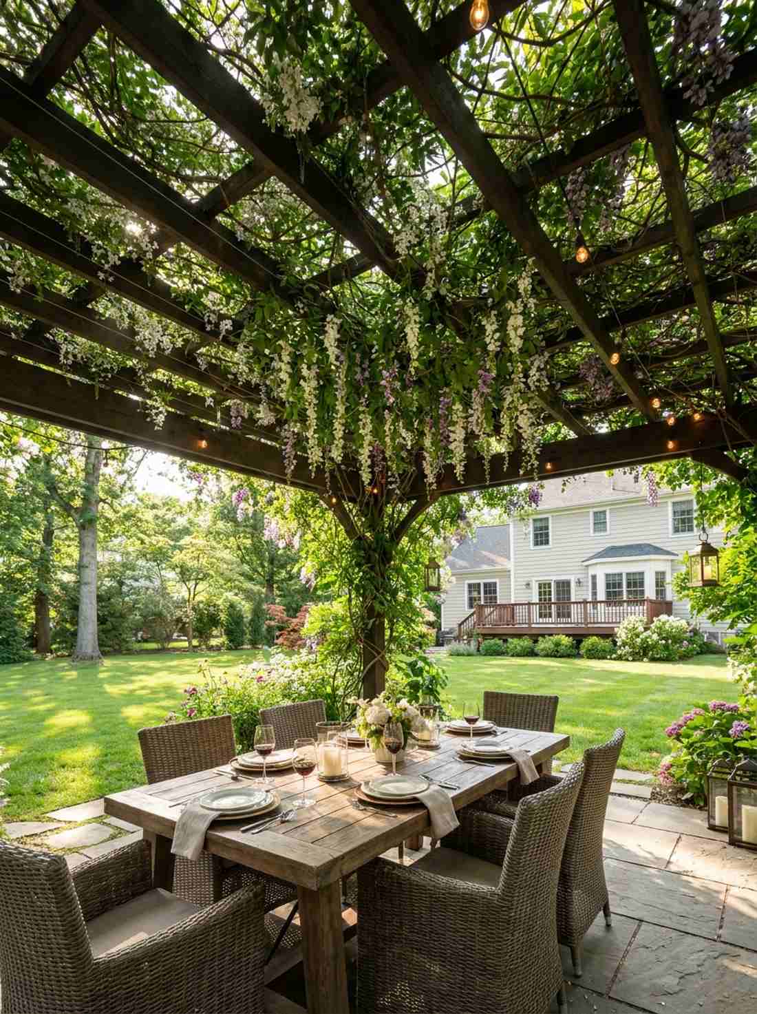 pergola with overhead vine canopy
