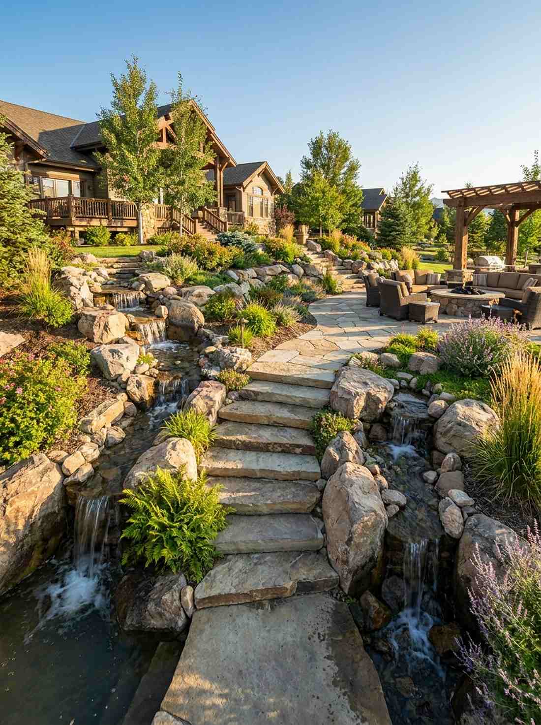 tiered stone waterfall path