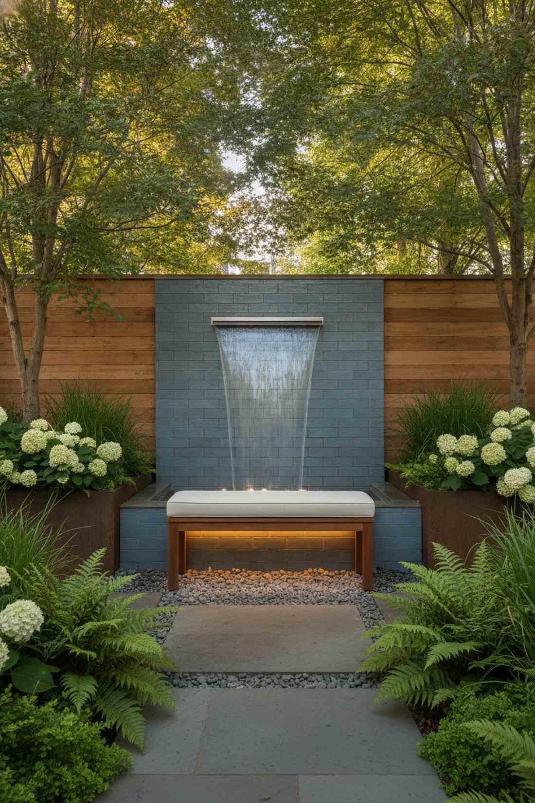 wall fountain with bench facing