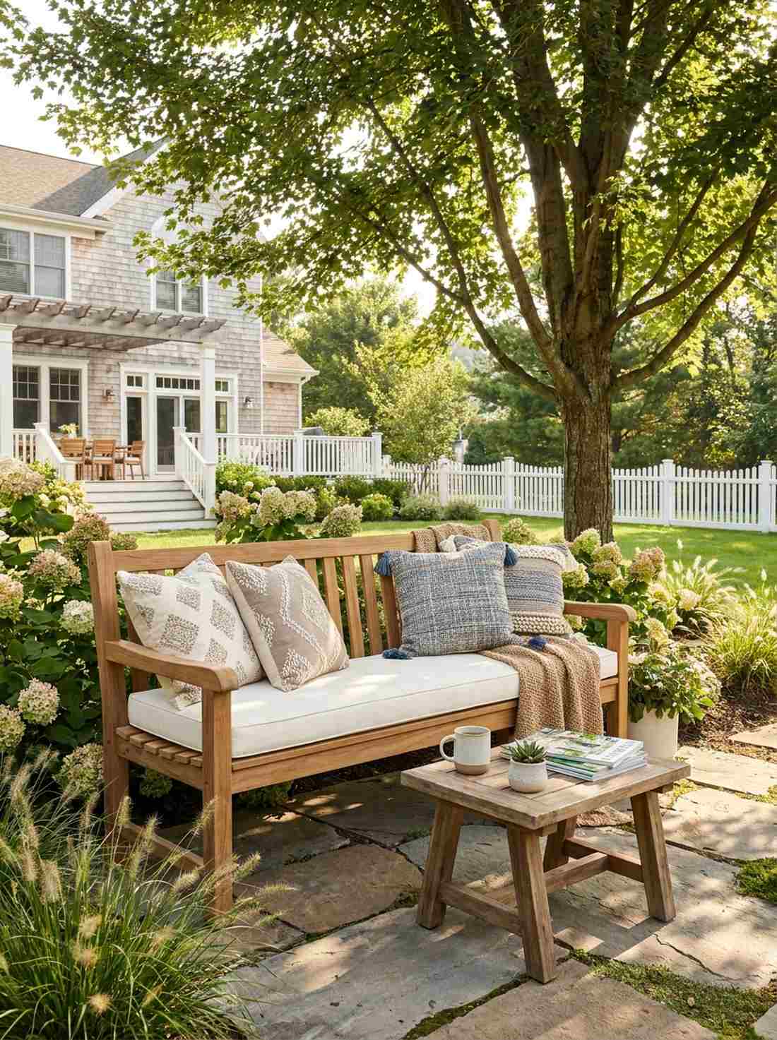 wooden bench with textile cushions