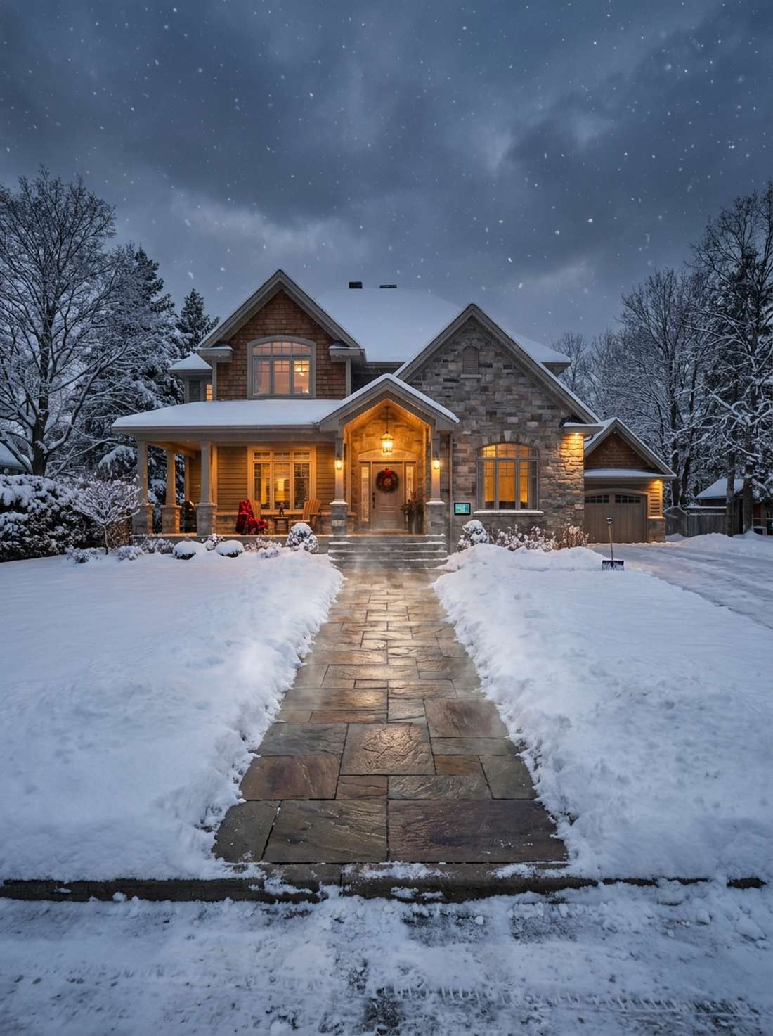 heated stone walkway winter