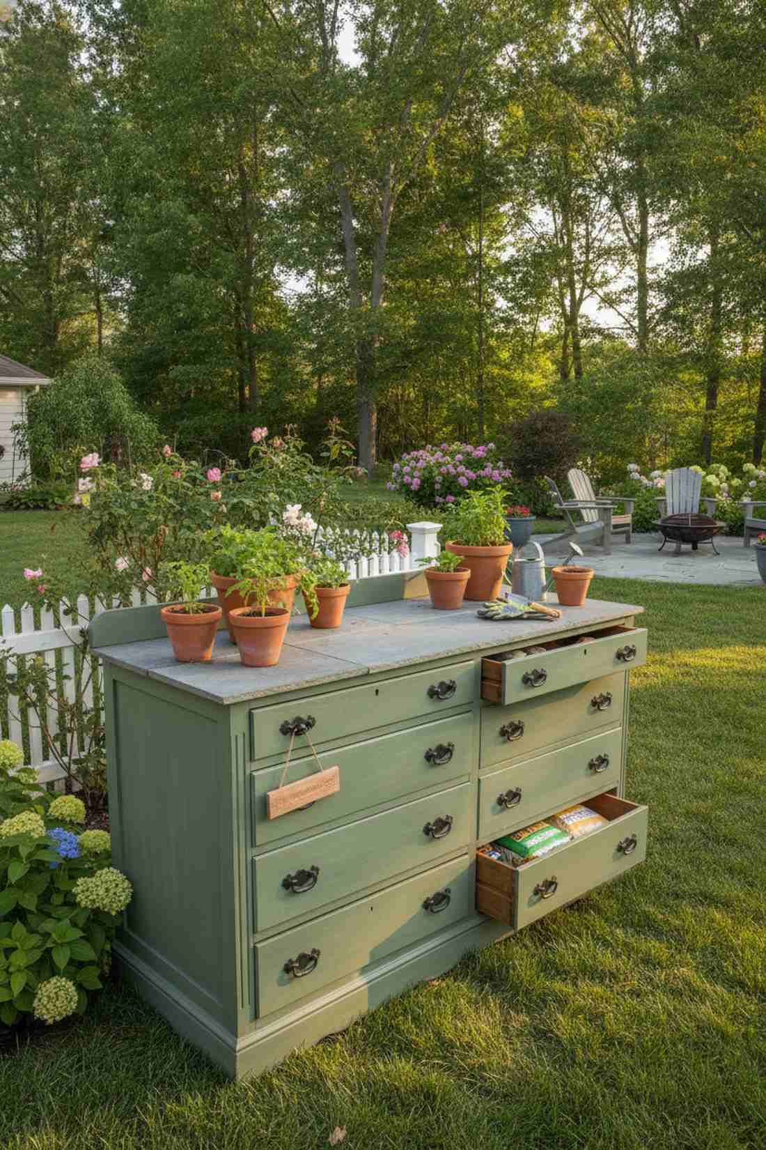 dresser turned potting bench