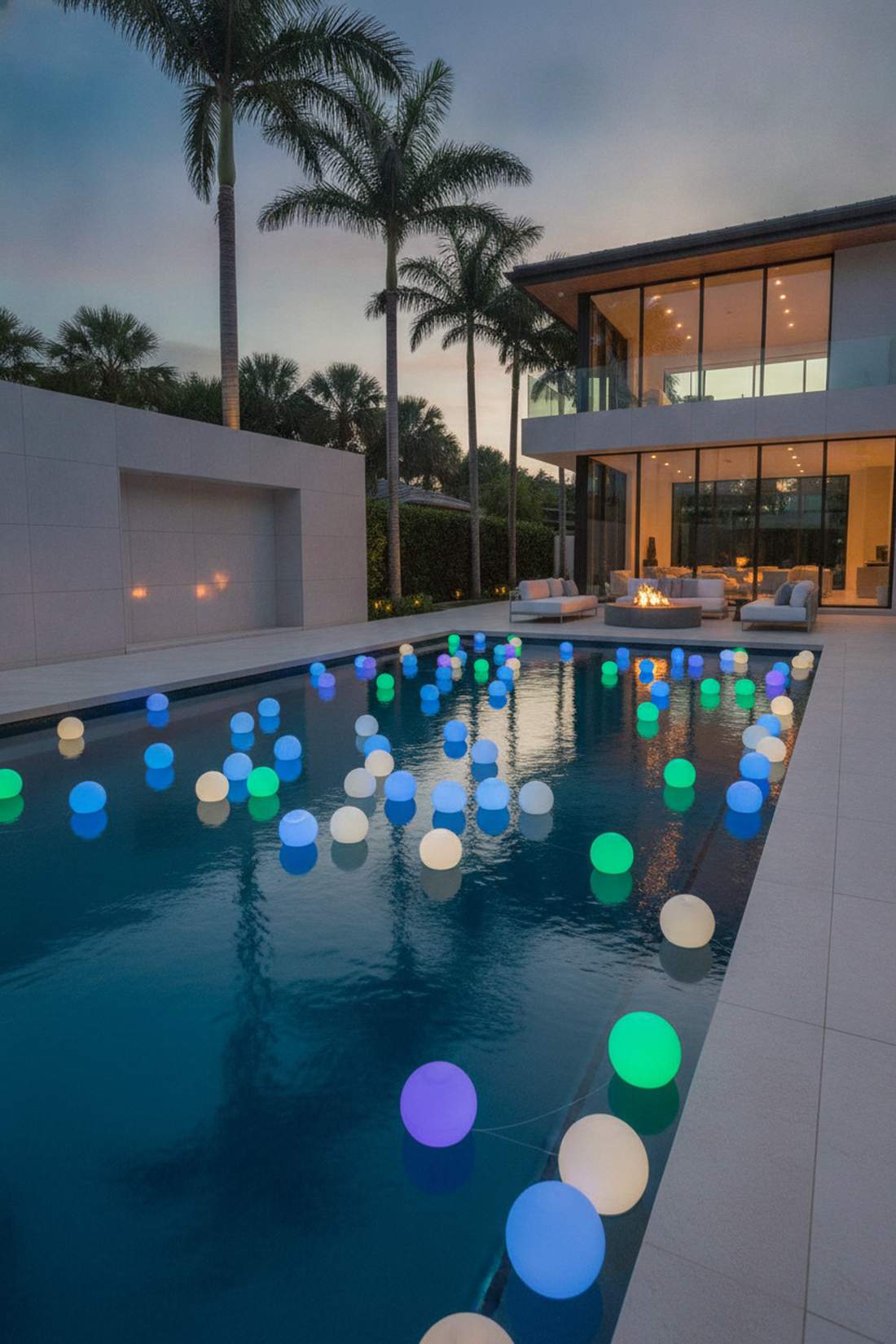 floating pool lights near patio
