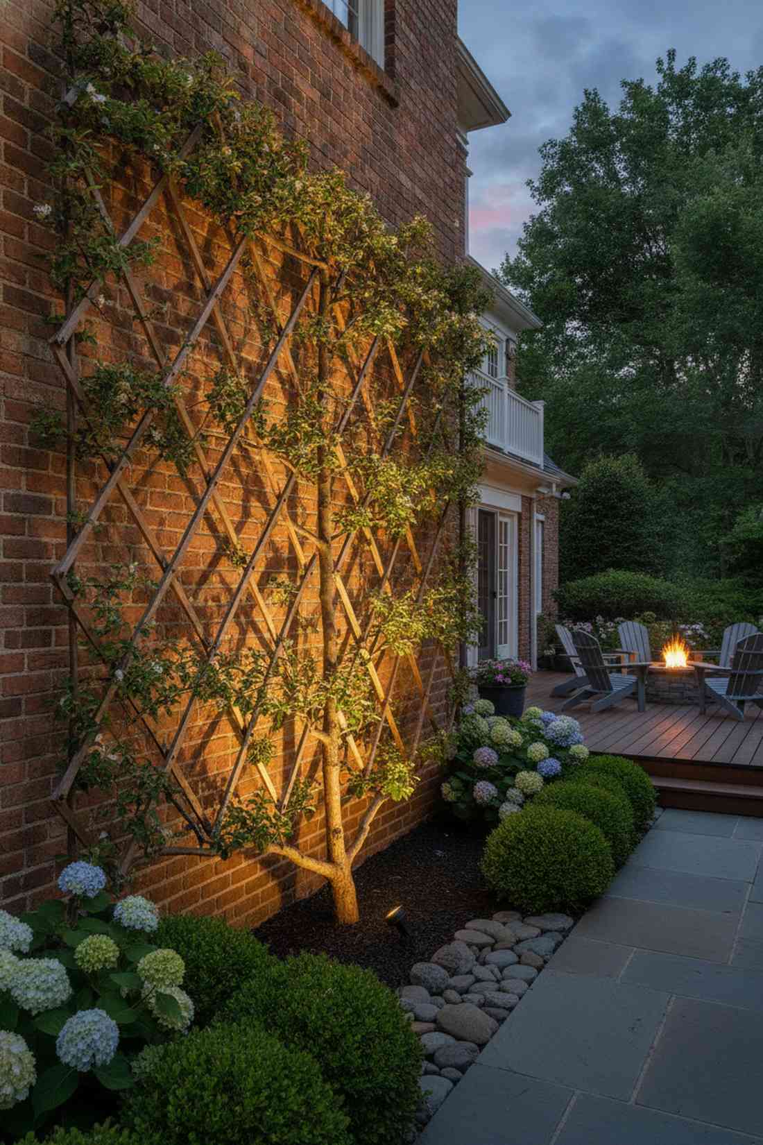 espalier trained fruit tree lighting