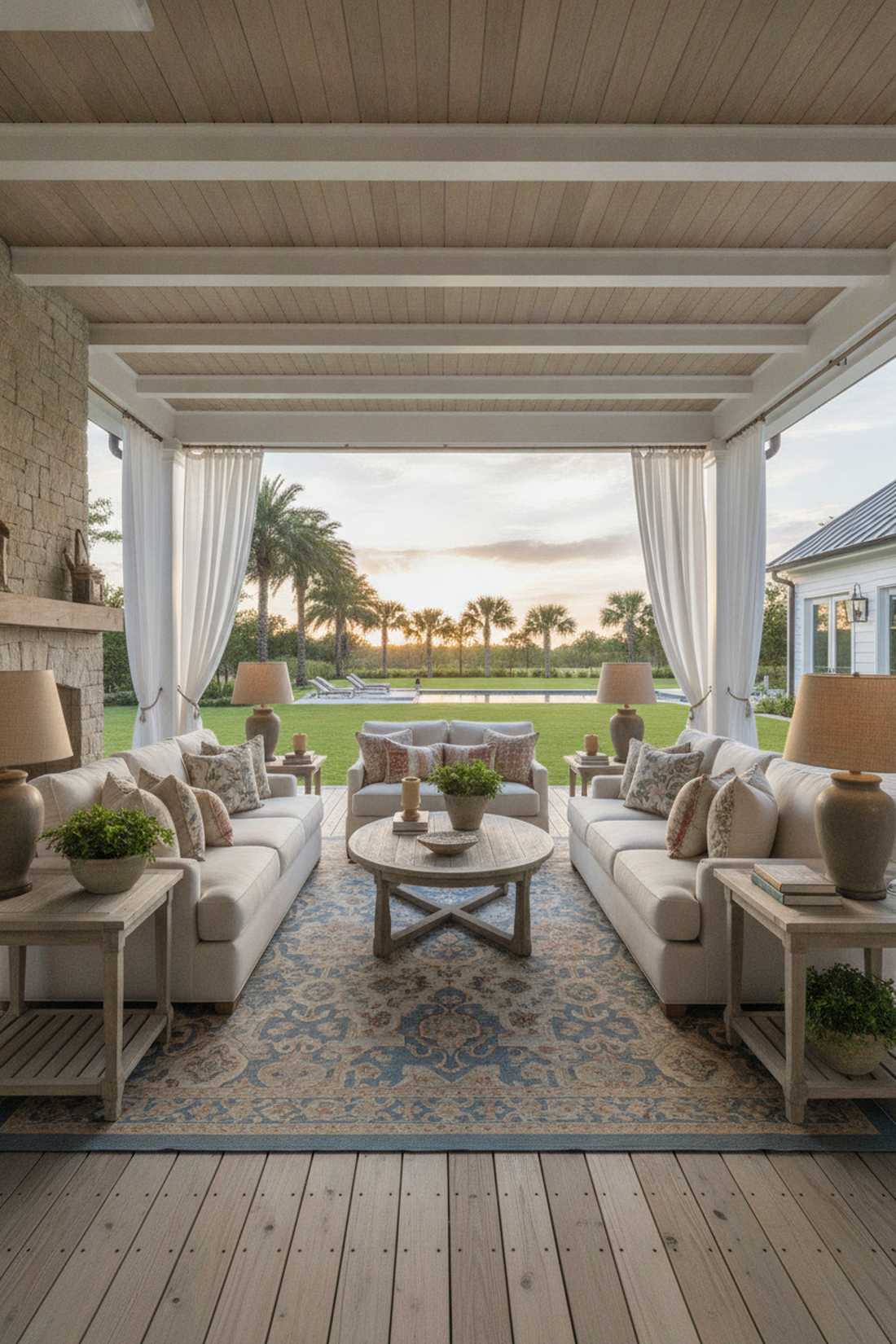 covered outdoor room with interior style furnishings