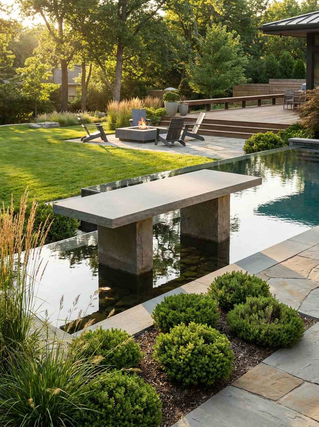 backless slab bench on stone pillars