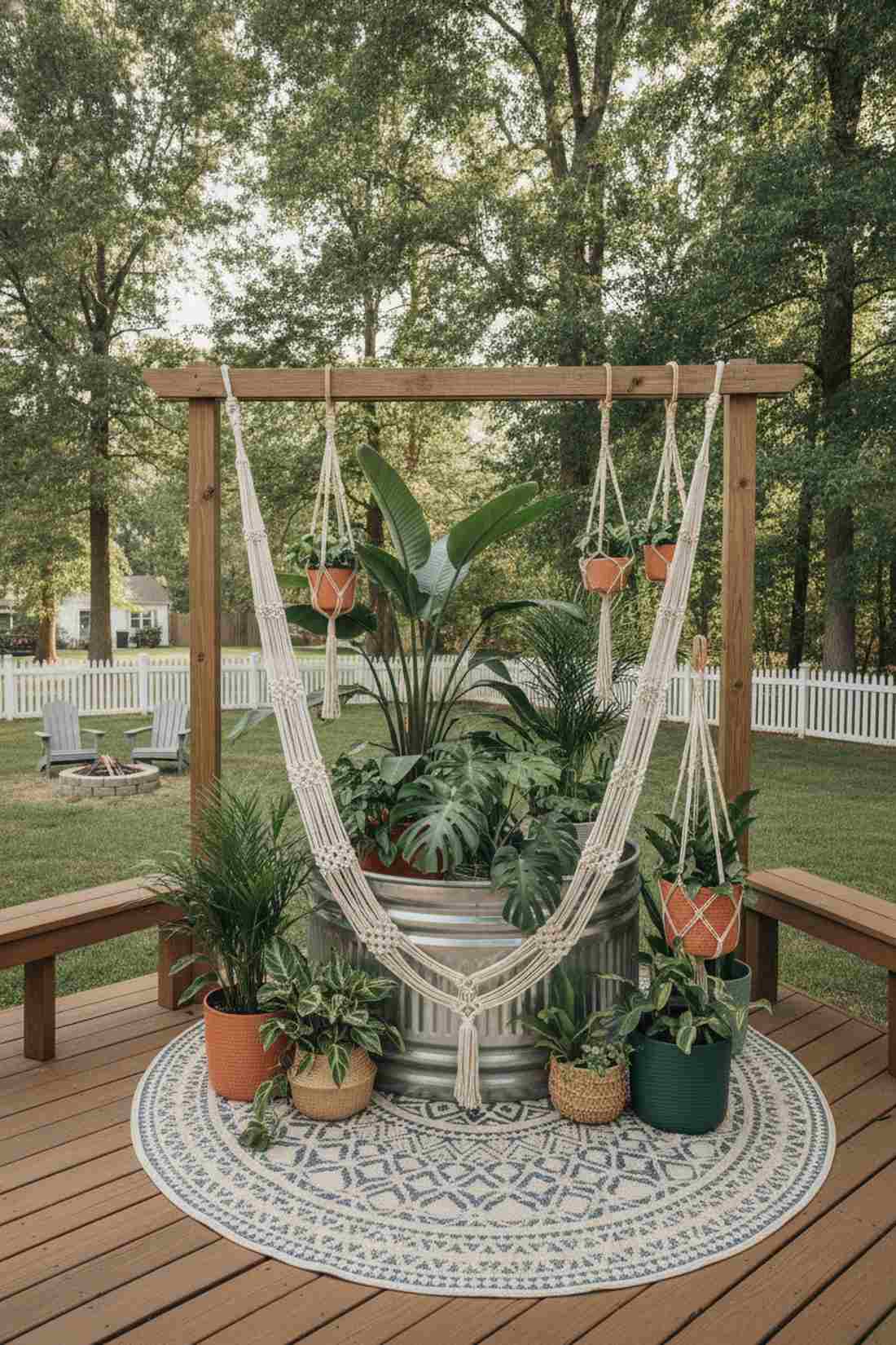 bohemian stock tank with tropical plantings