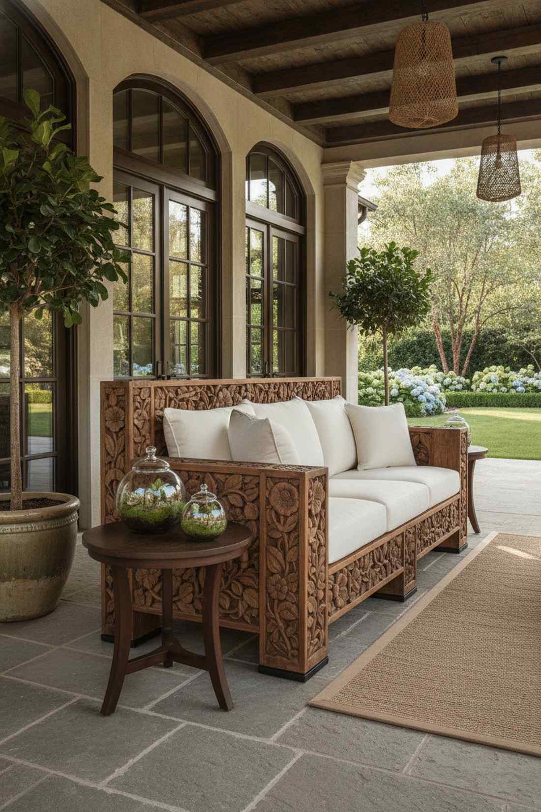 carved teak statement sofas