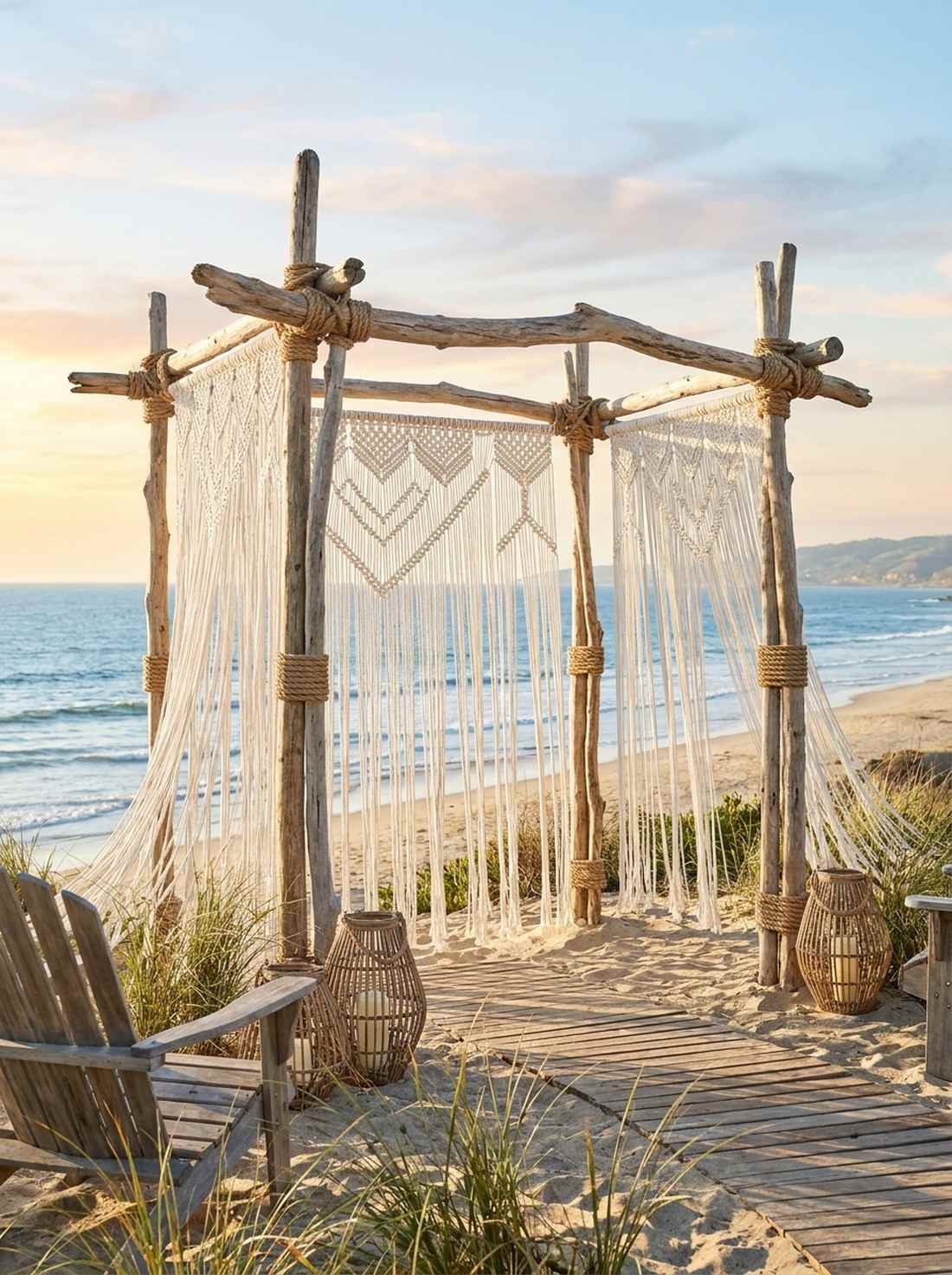driftwood arbor with macrame side panels