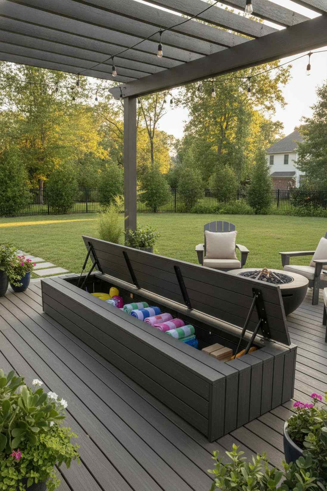 linear slat bench with hidden storage