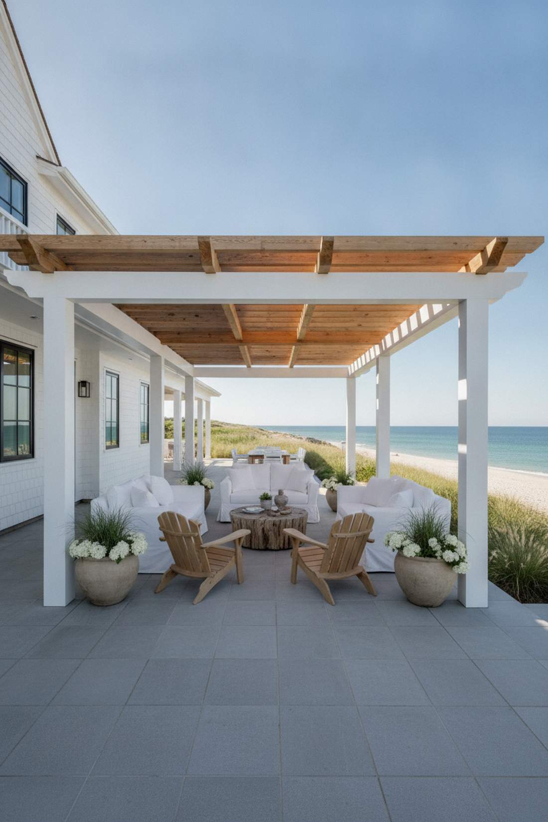 monochromatic white pergola with wood accents