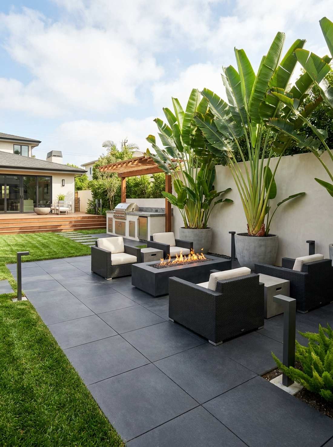 monochrome paving with traveler palms