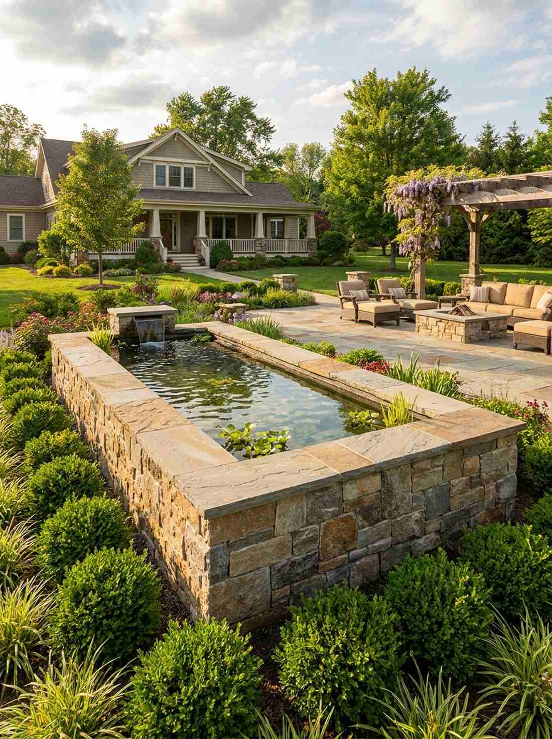 raised stone wall pond