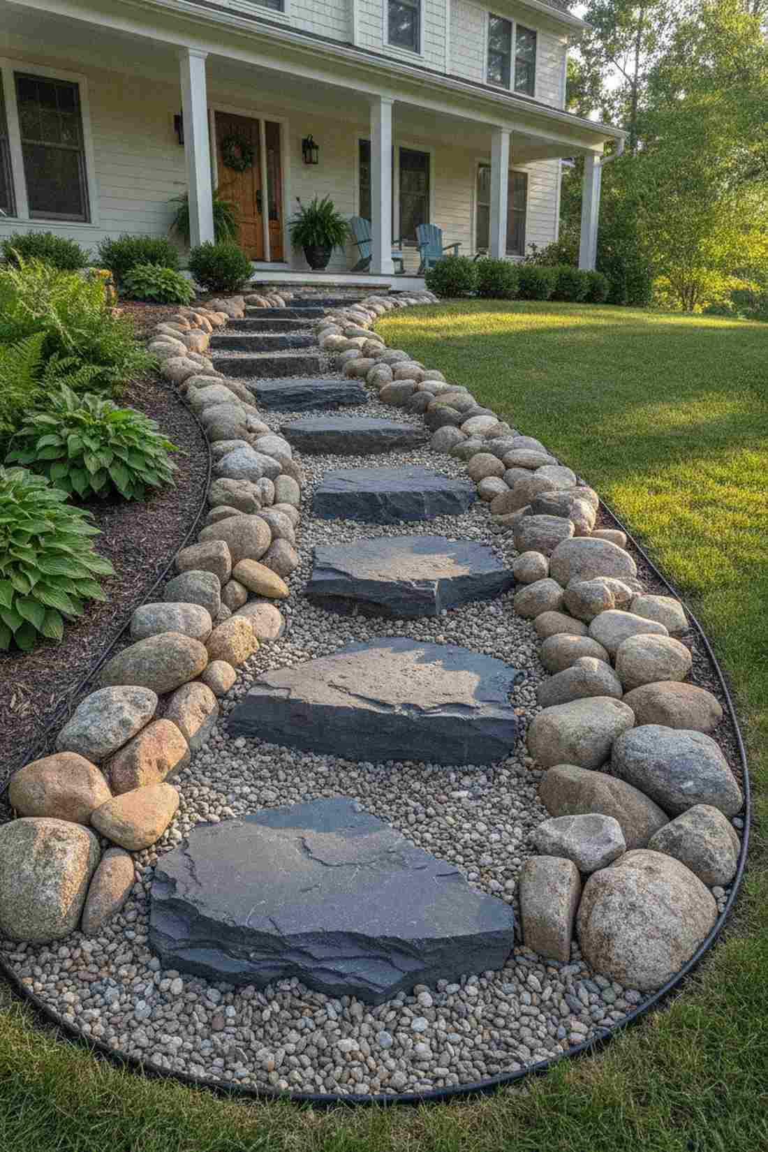 tiered river rock with basalt stepping stones