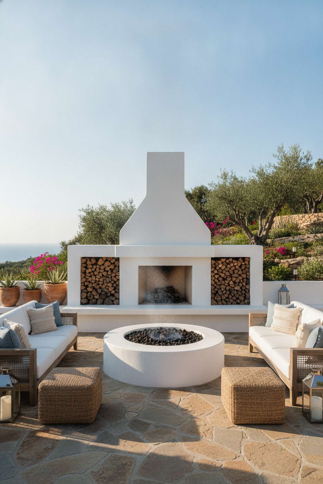 white stucco fireplace with integrated wood storage