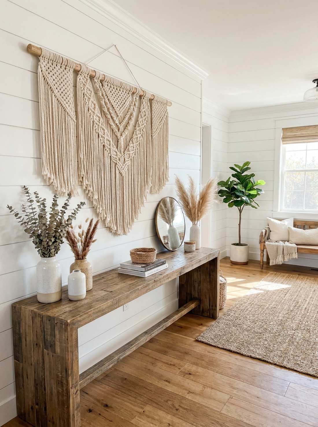 woven wall hangings above console