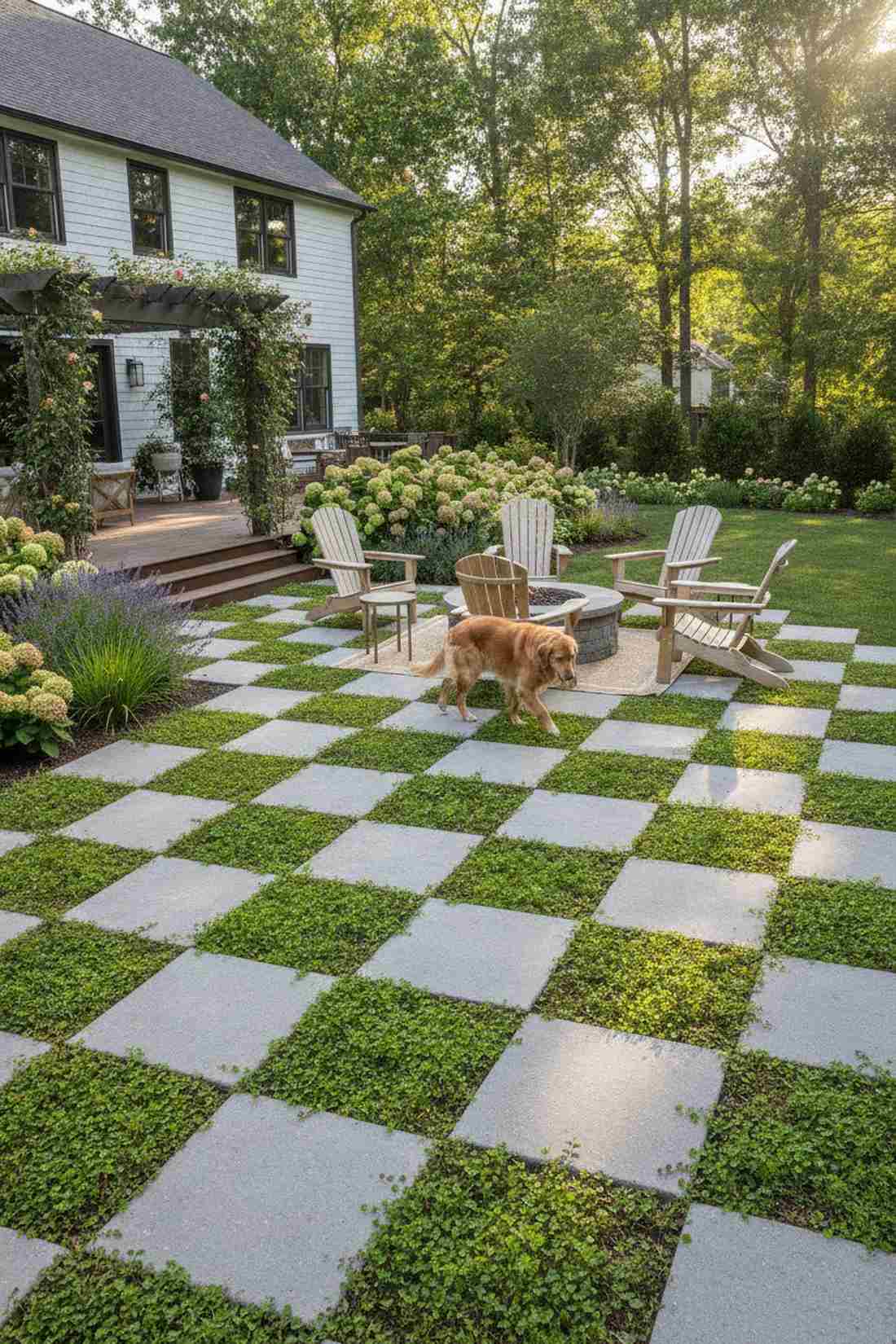 checkerboard pavers and groundcover