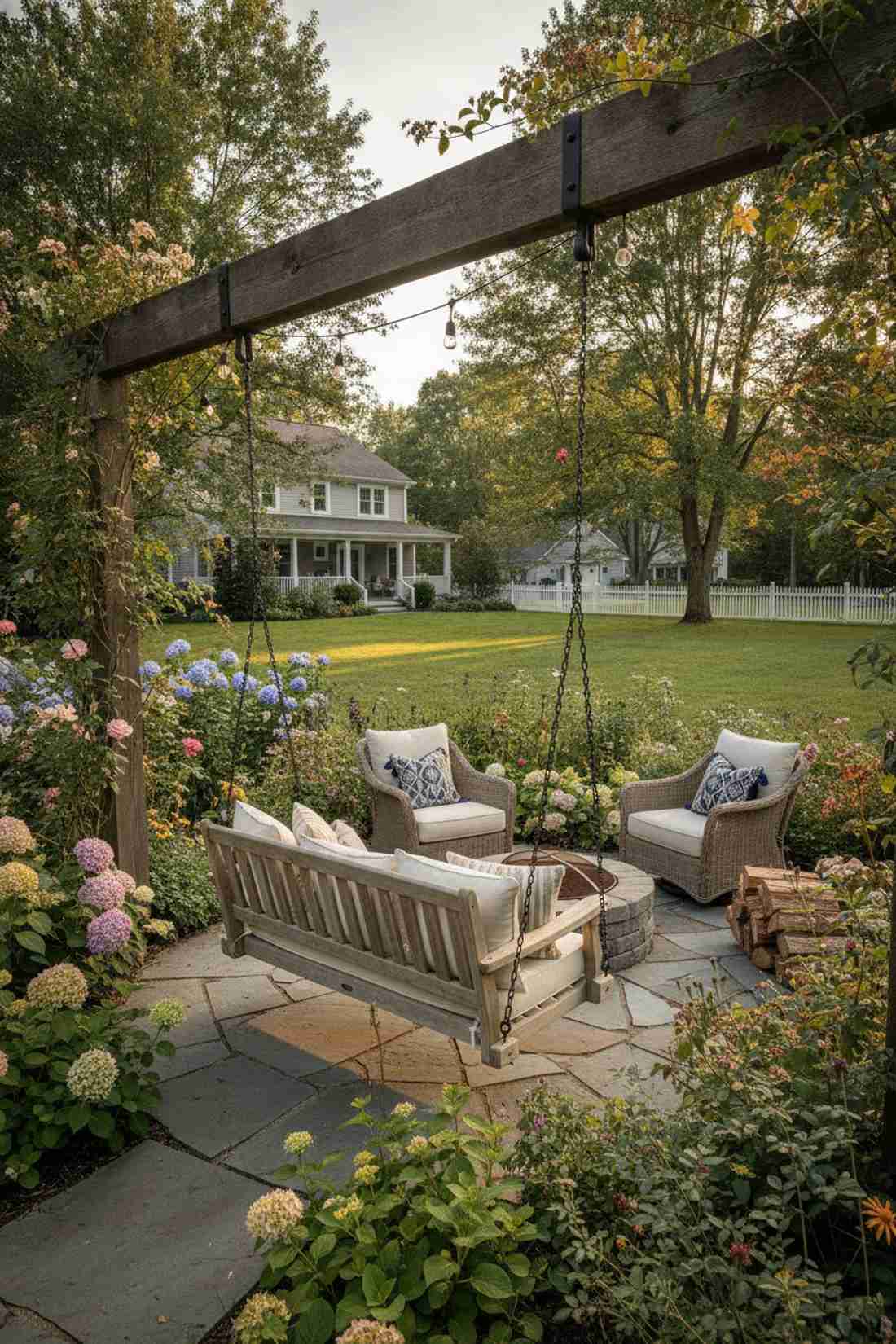 bench swing facing lounge chairs