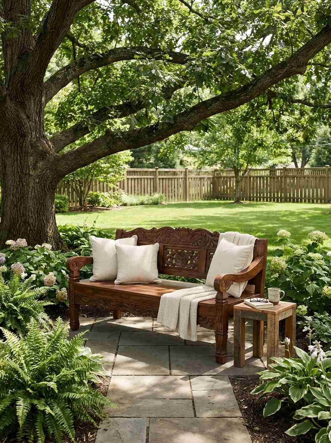 carved wooden outdoor benches