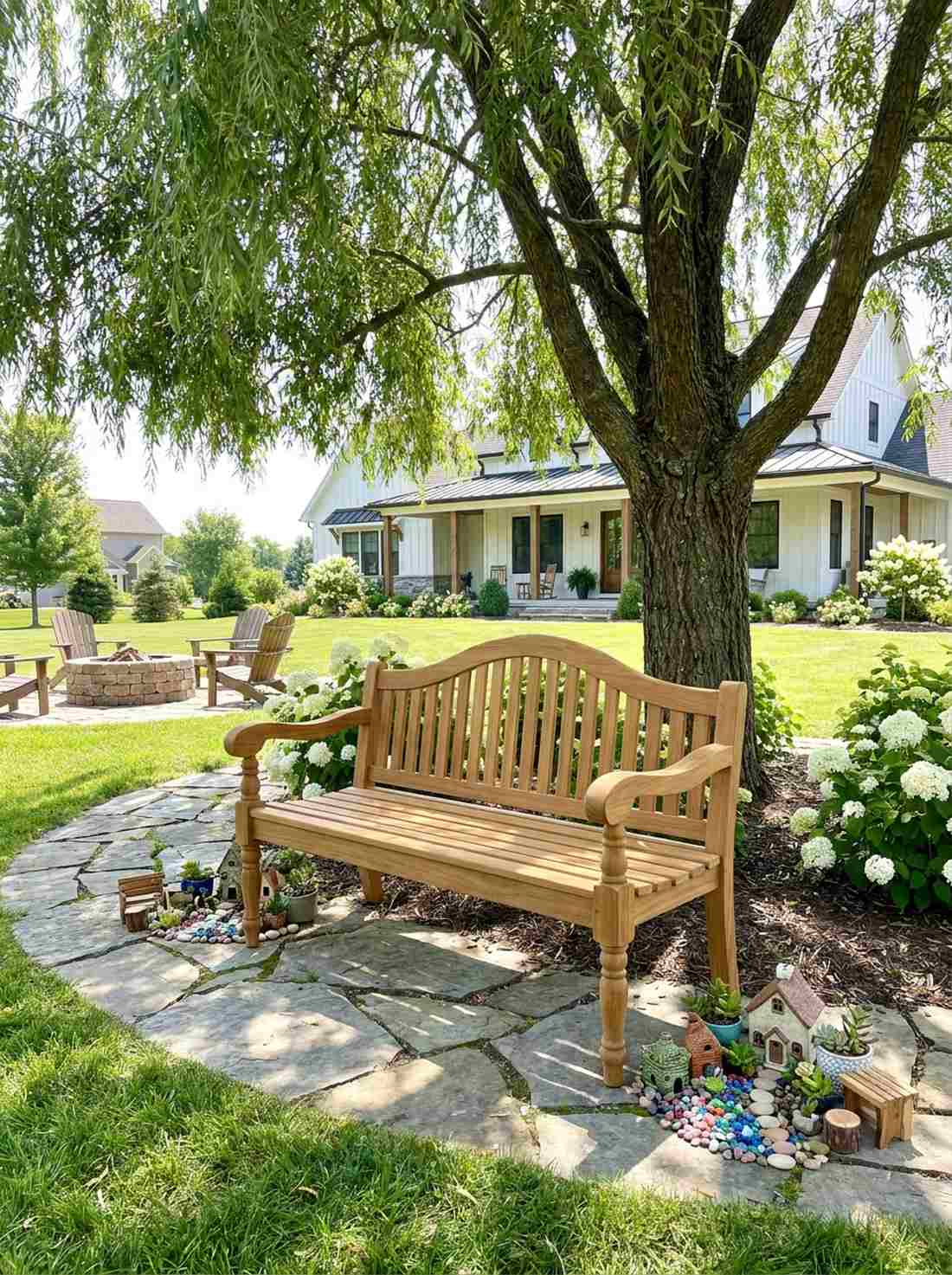 curved crest rail teak bench