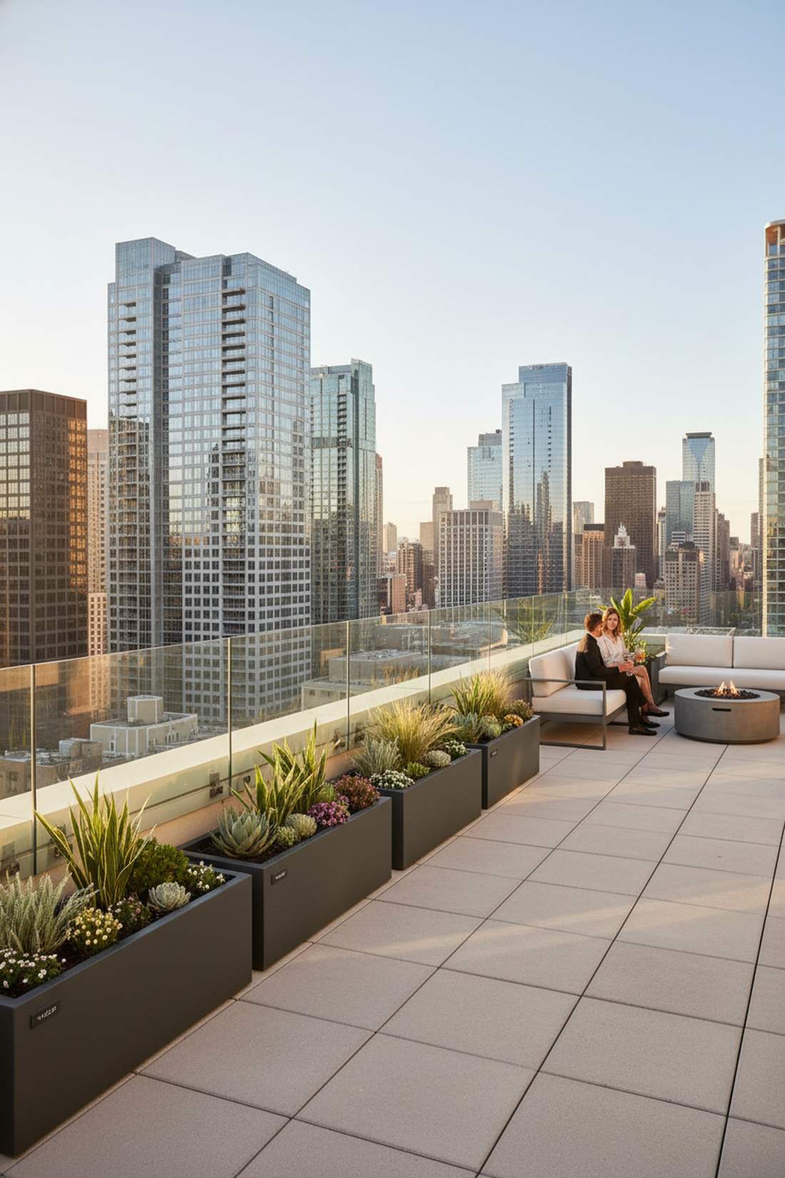 custom fiberglass planters below parapet height