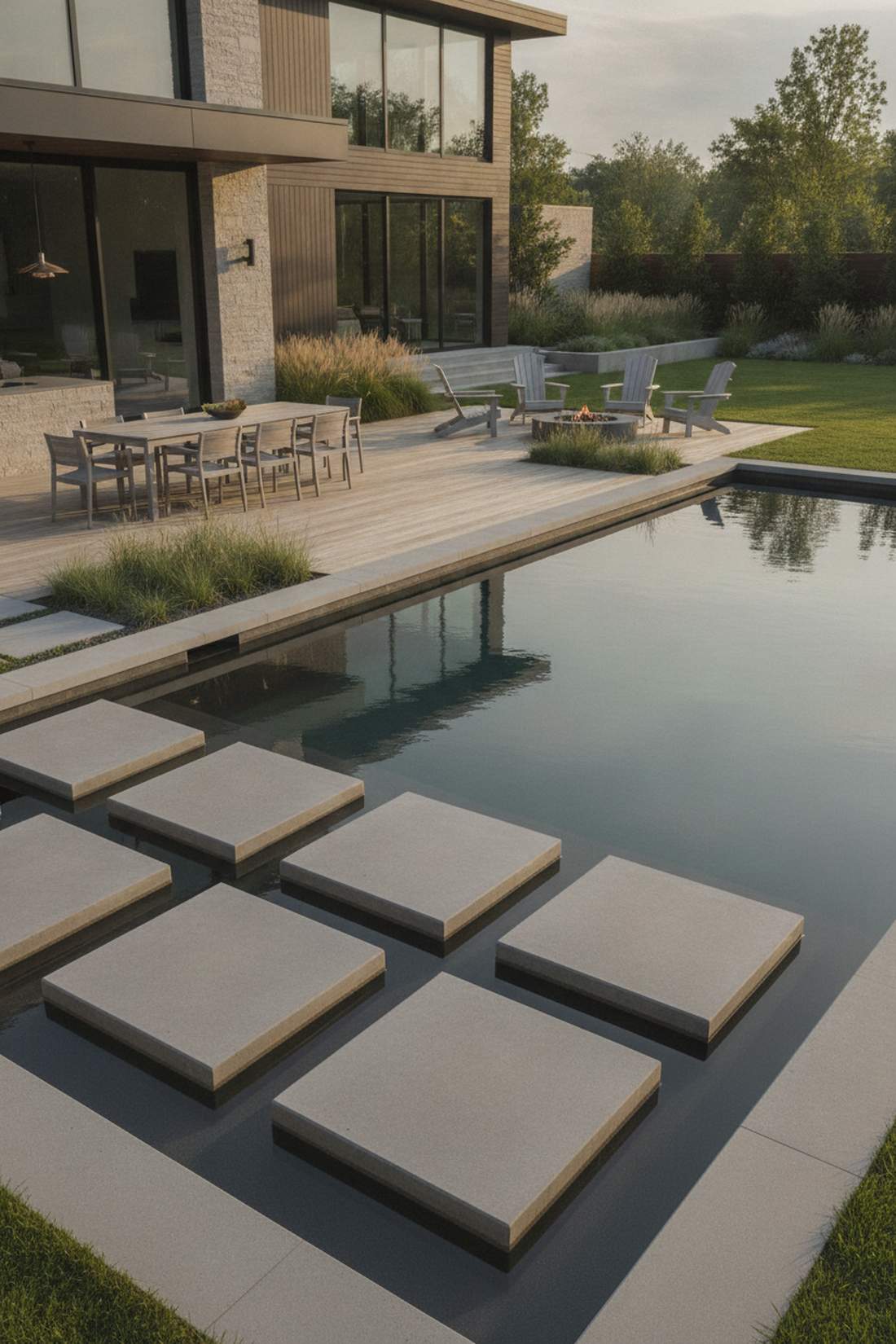 geometric pool with floating pavers