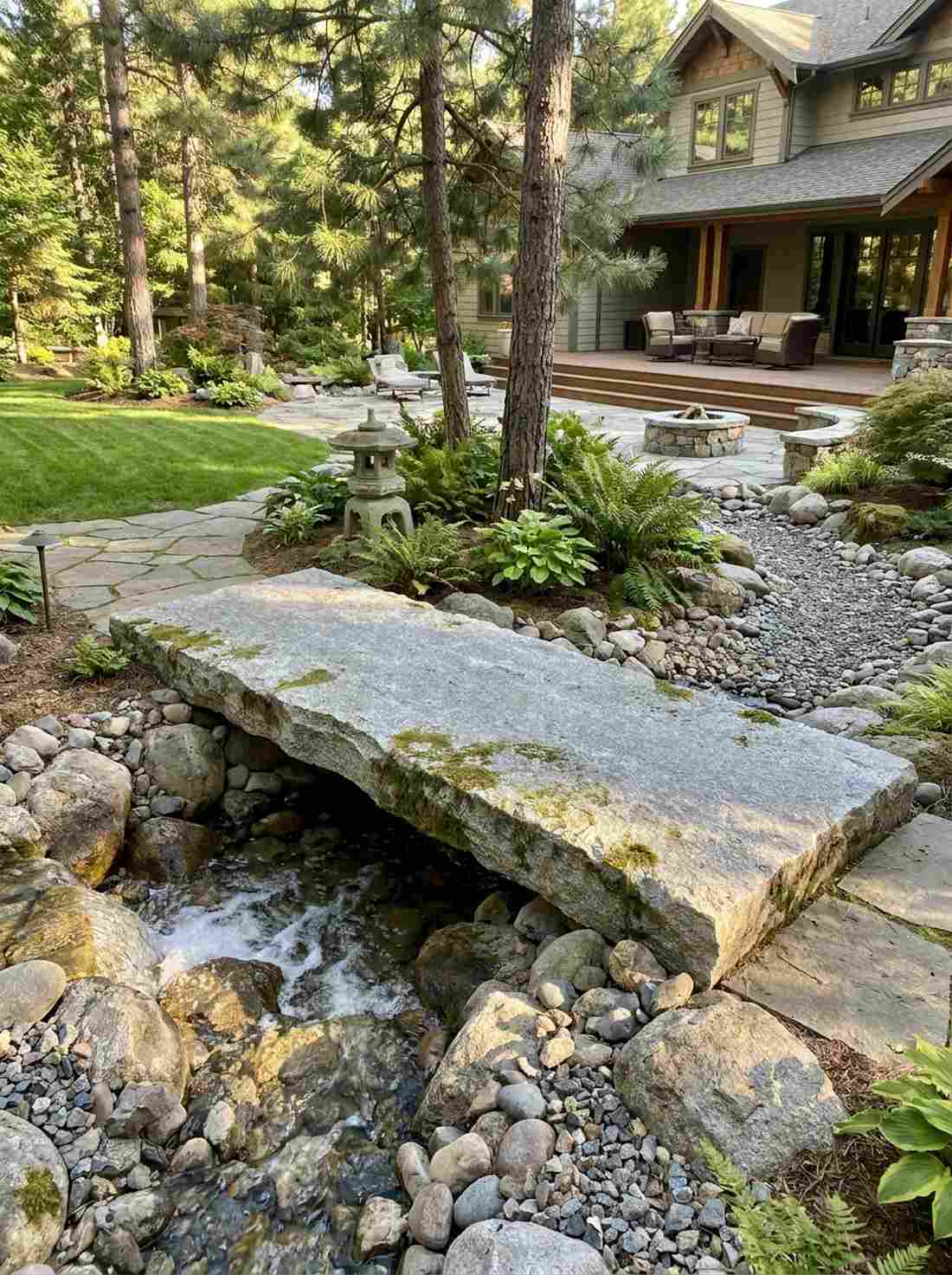 hewn granite slab bridge with natural edges