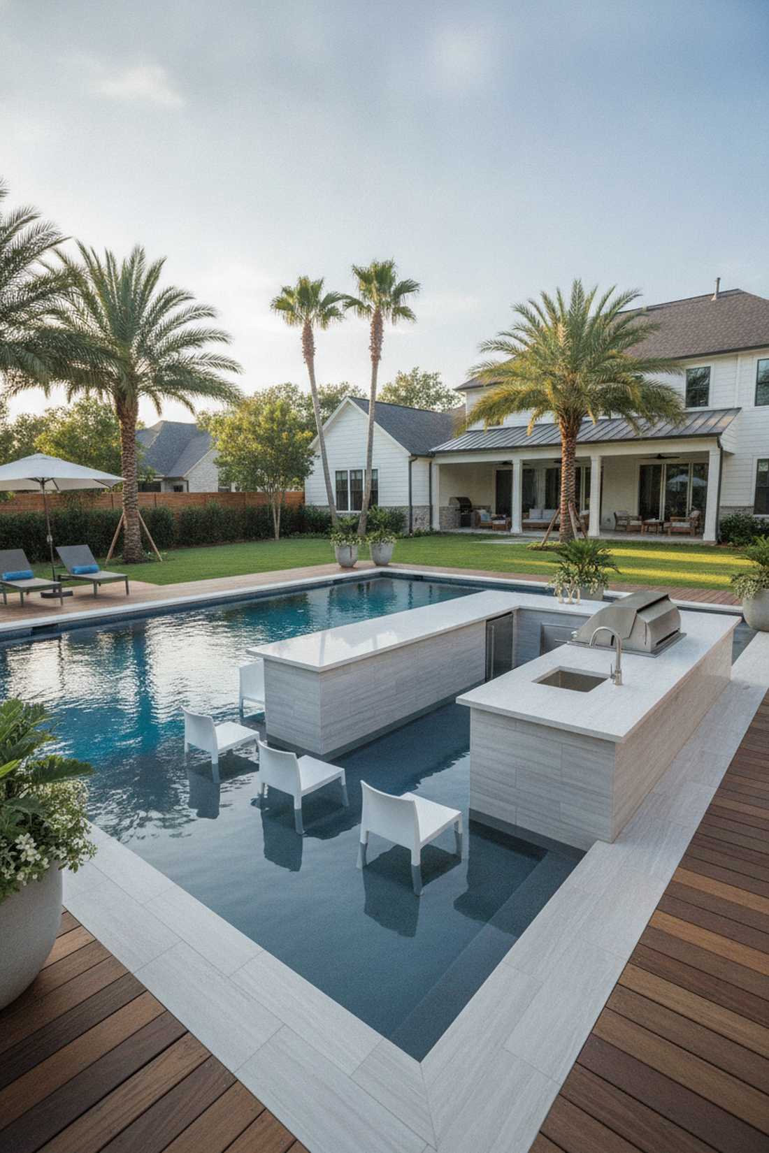 poolside linear kitchen with swim up bar