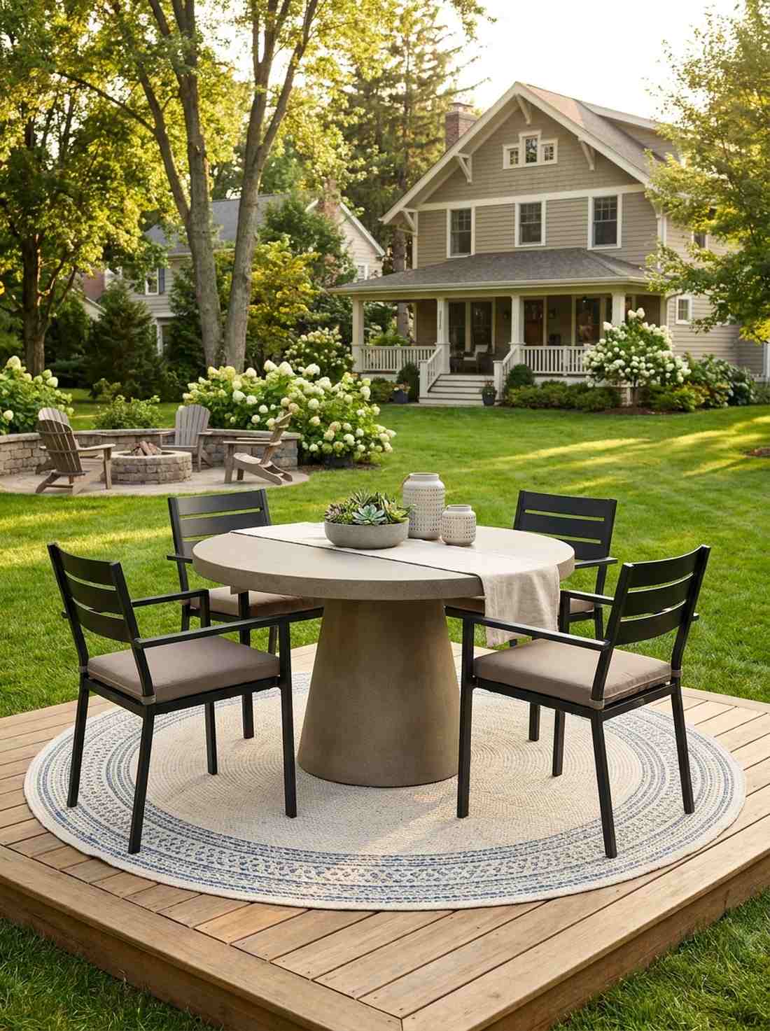 round pedestal table on small deck