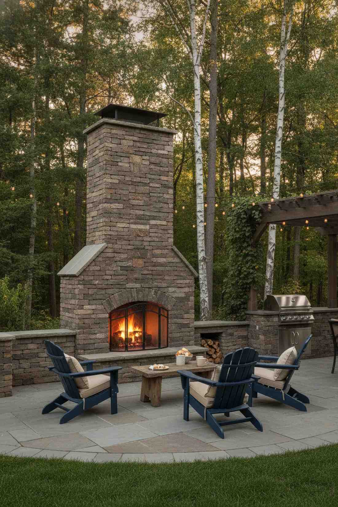 stacked stone veneer fireplace with chimney