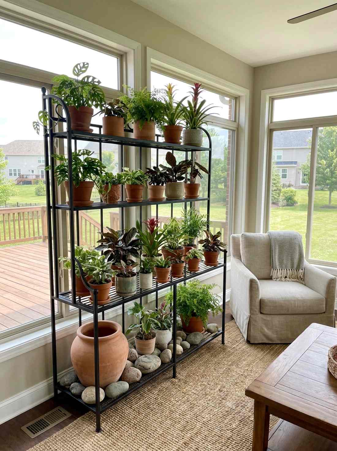 tiered plant stand with tropicals