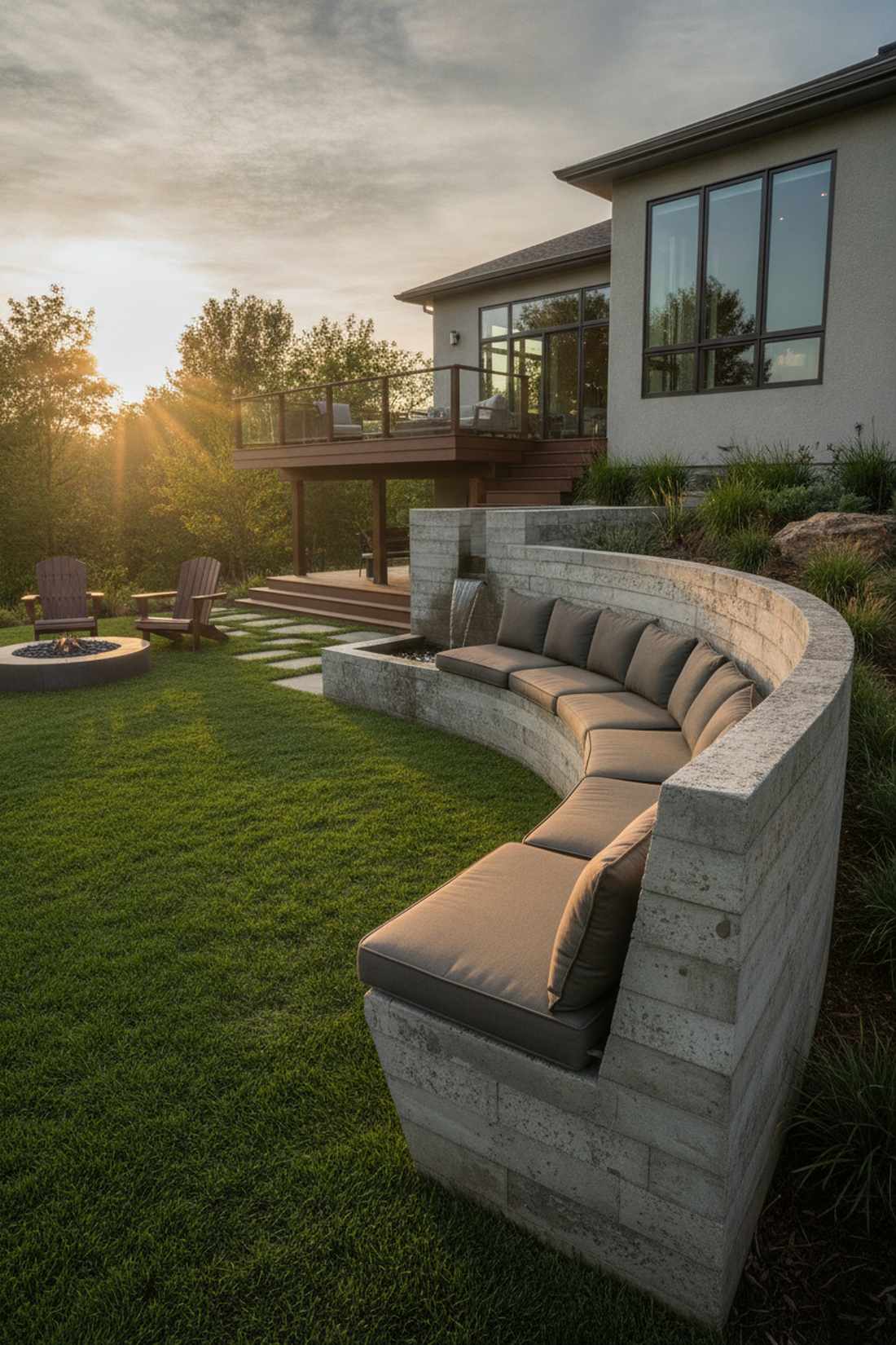 curved concrete bench with back wall