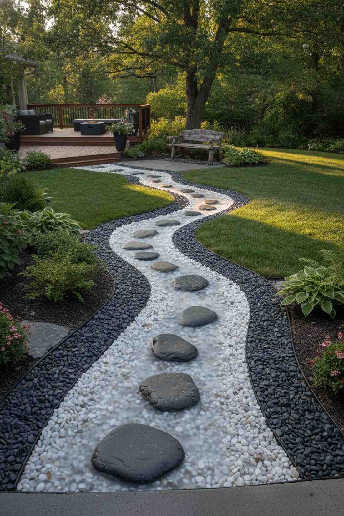 flowing river pattern with mixed pebbles