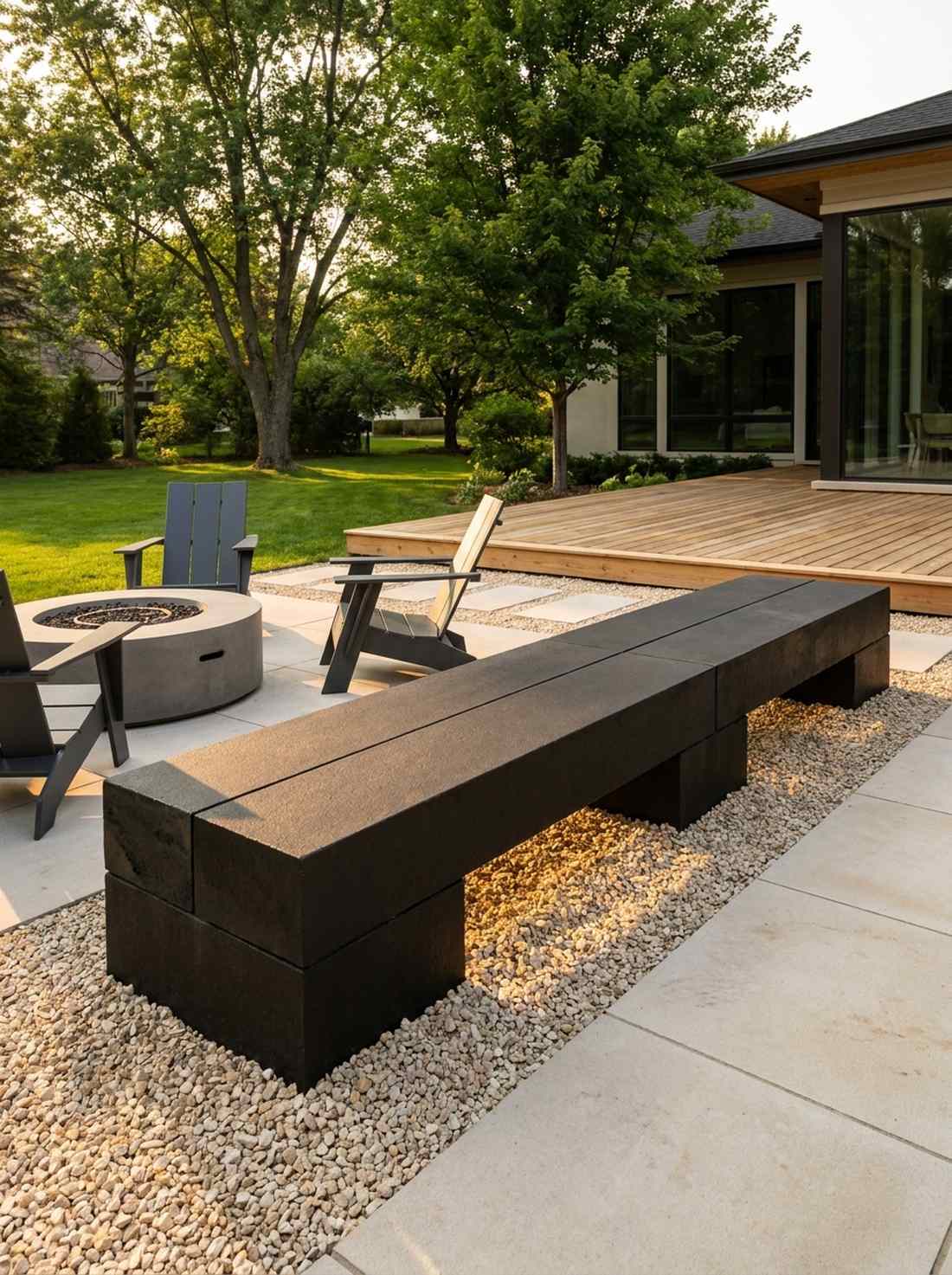linear basalt bench with honed surface