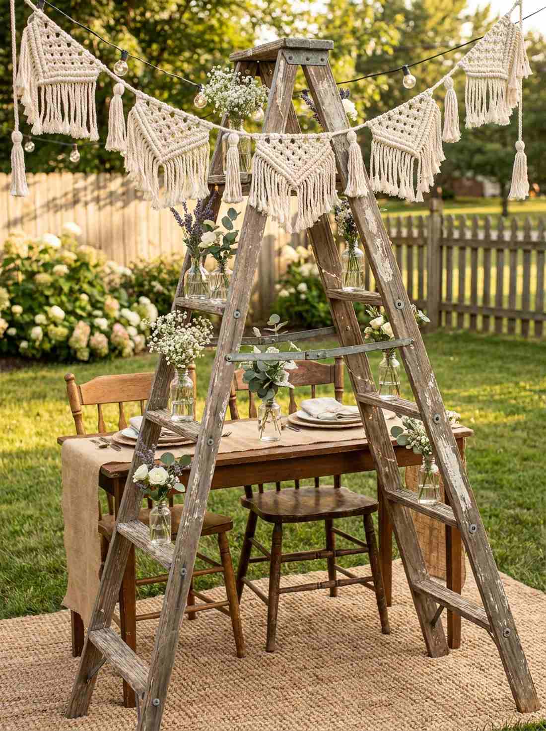 macrame garland on rustic ladder structure