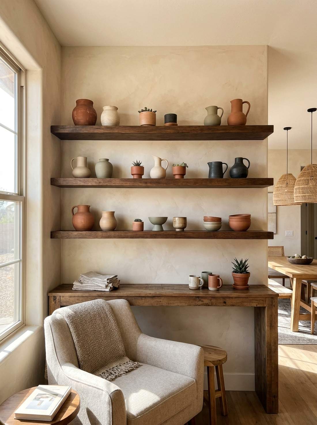 open shelving with pottery display