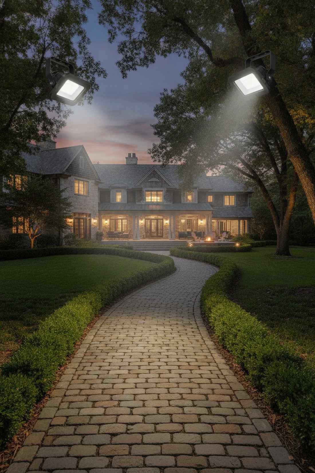 overhead security floodlight angled toward approach path