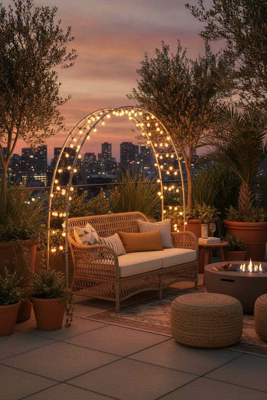 rattan loveseat with string light canopy