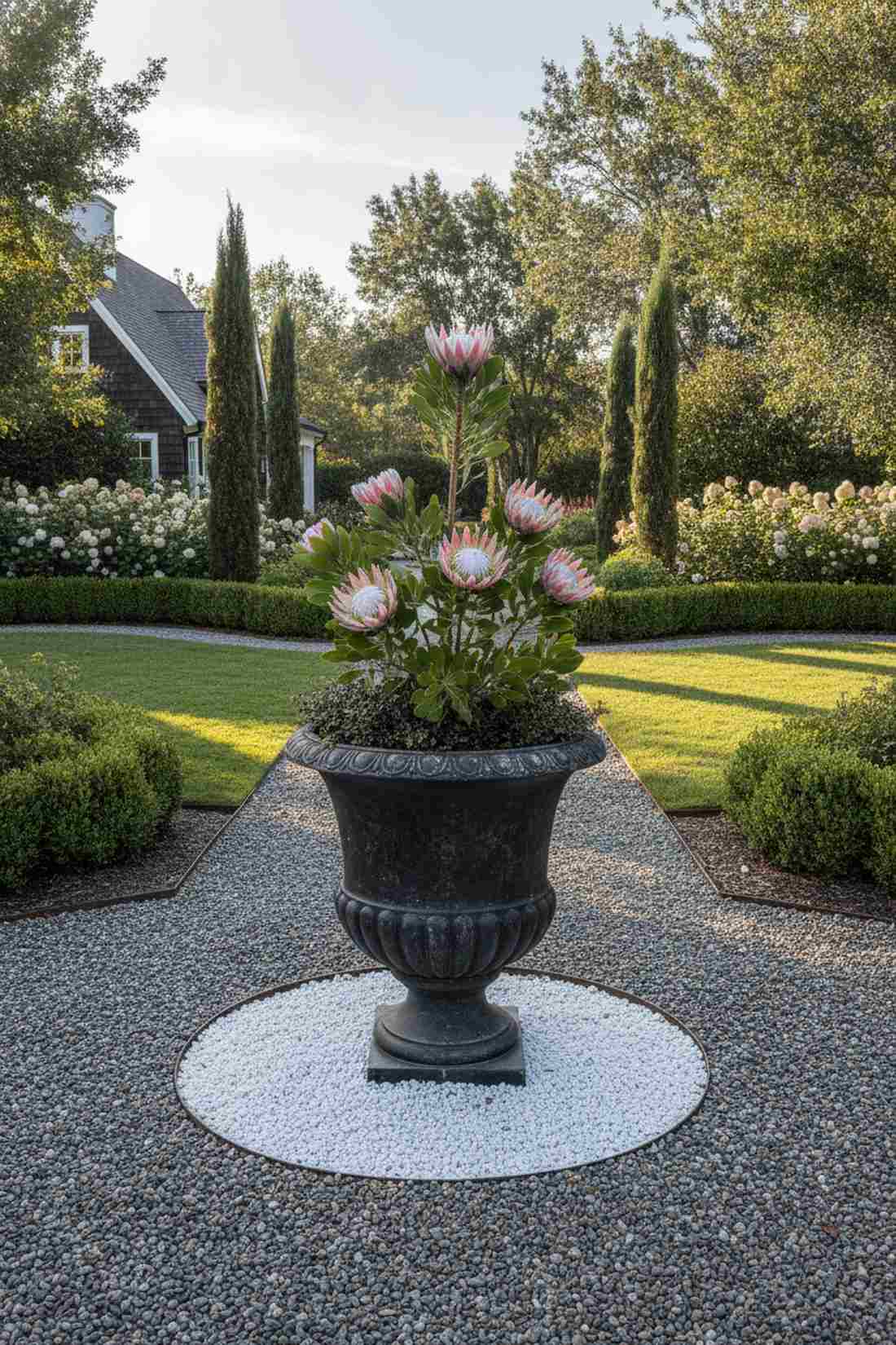 single specimen urn at pathway terminus