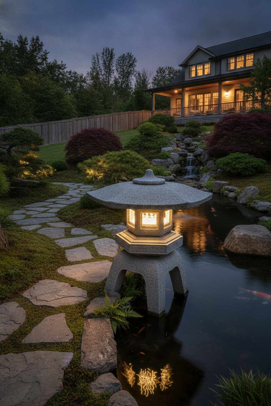 stone lantern beside water feature