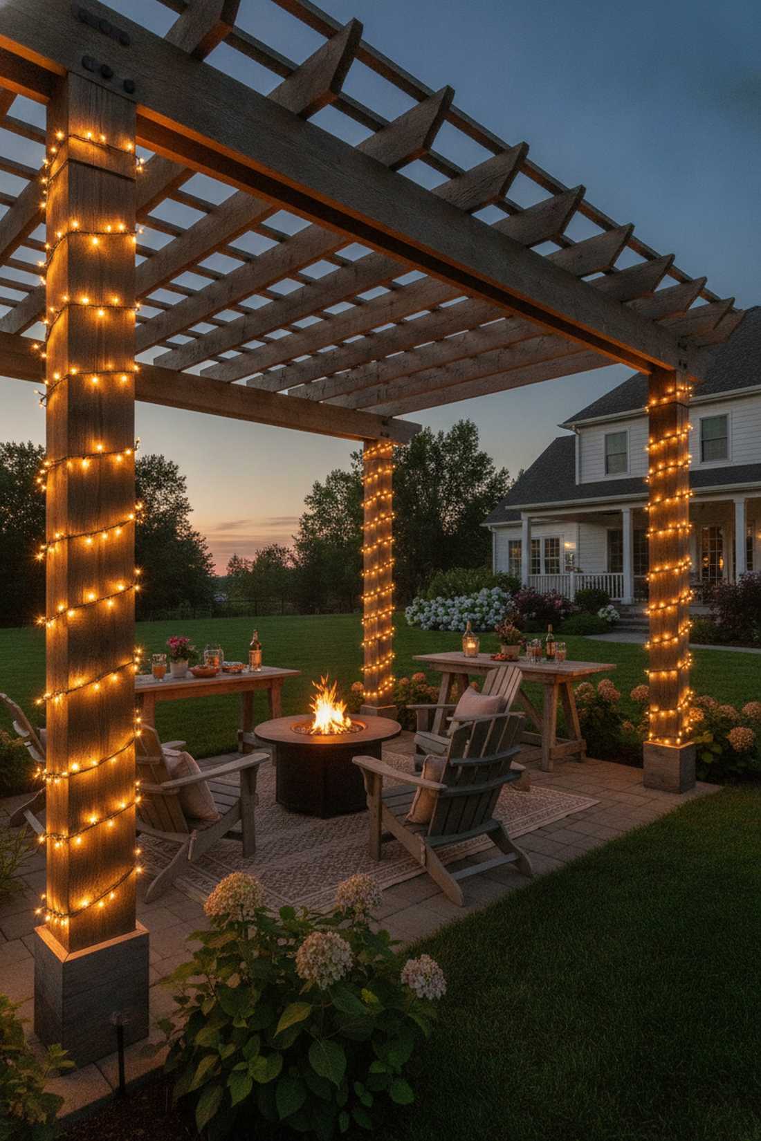 string lights wrapped around pergola posts