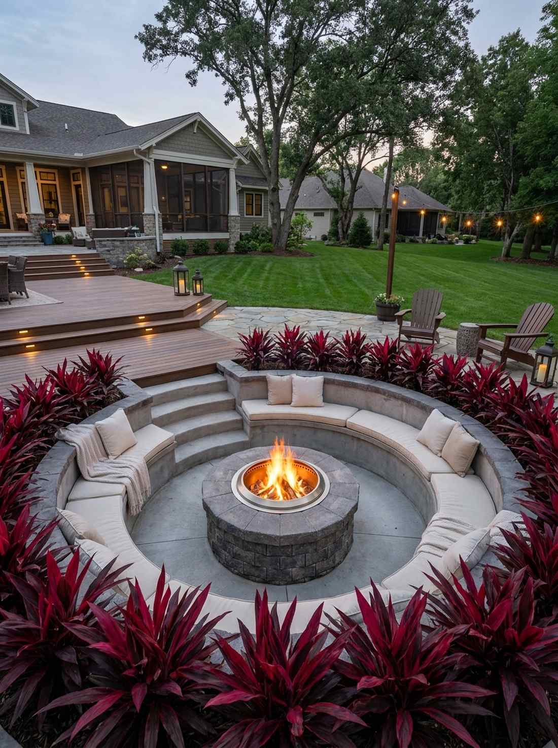 sunken fire pit lounge with cordyline accents