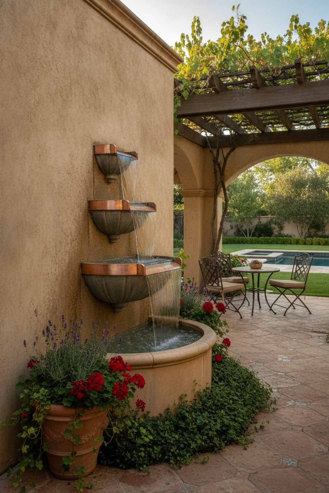 tiered wall fountain with copper spillways
