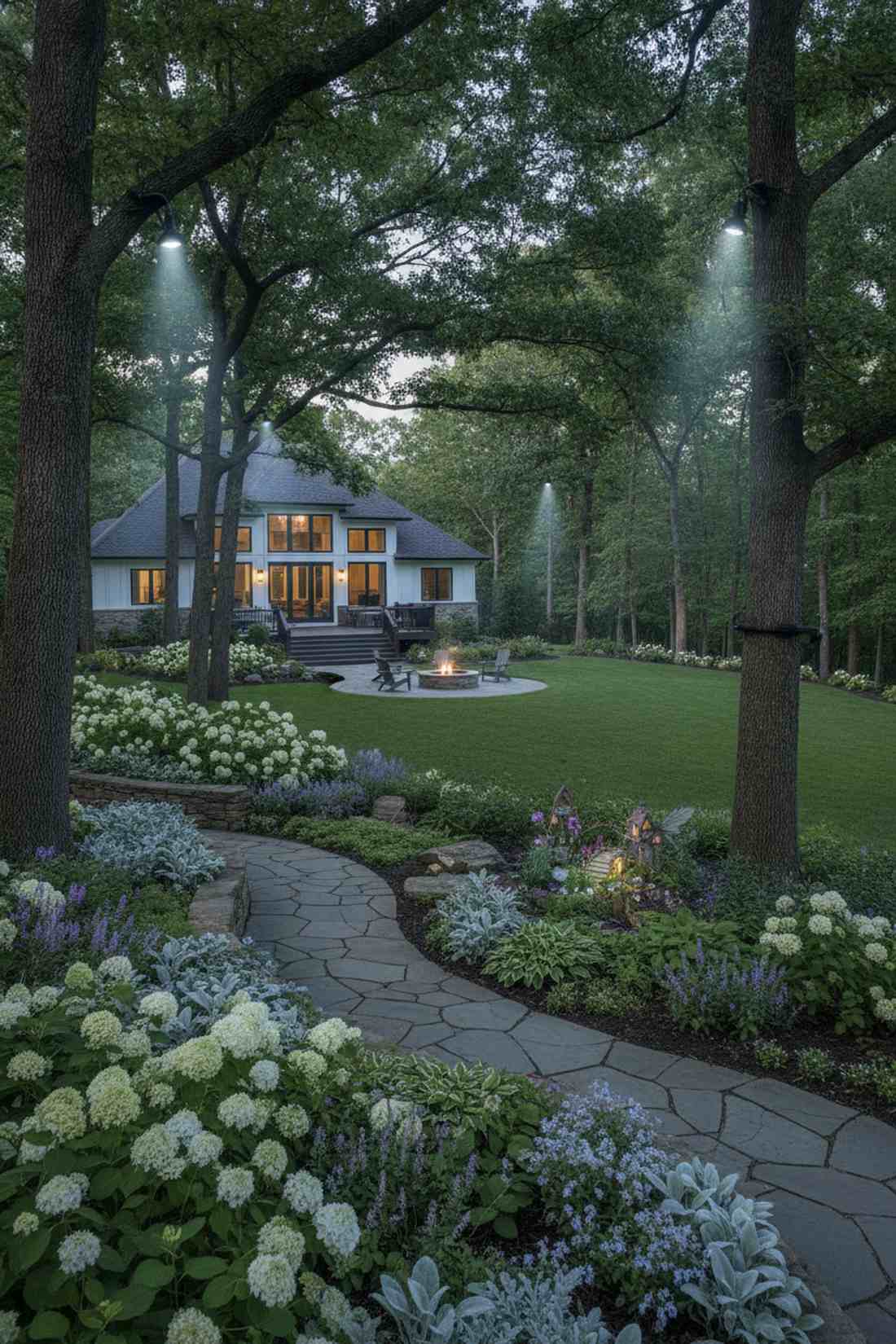 tree mounted moonlighting over flower beds