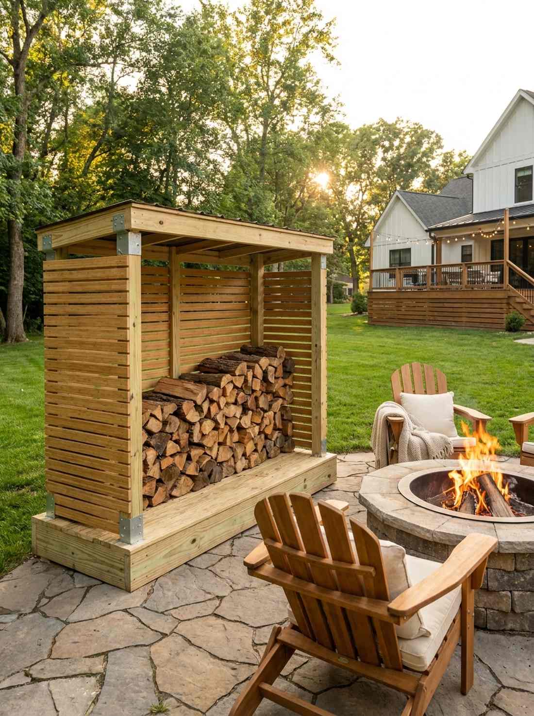 firewood shelter with bamboo slat walls