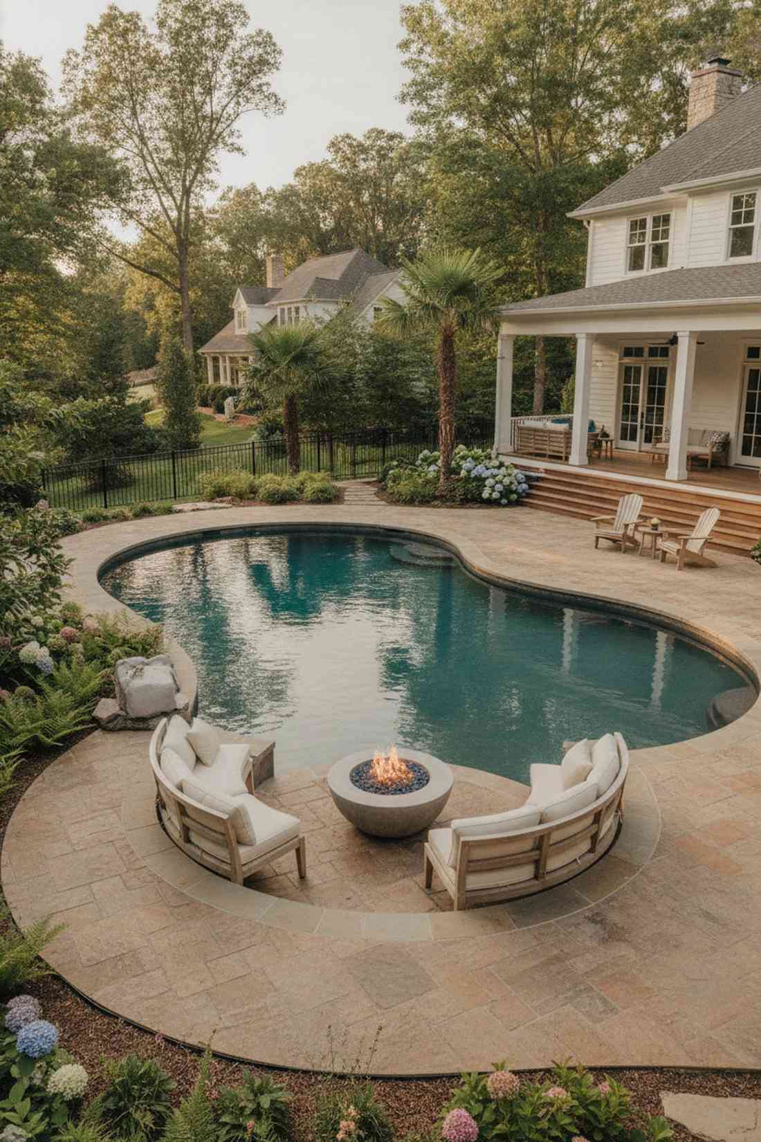 kidney shaped pool with curved deck