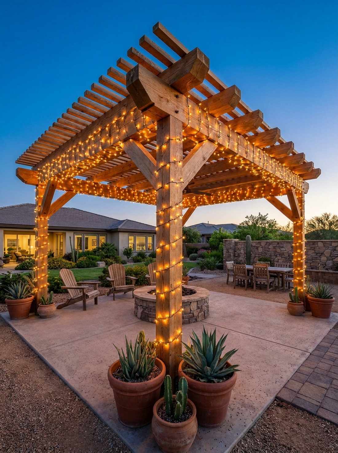 mesquite pergola with string lights