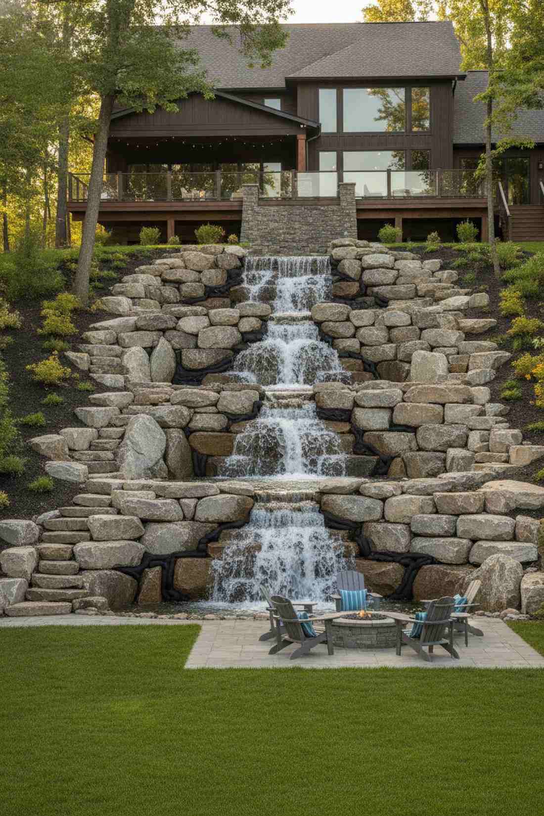 multi tier waterfall with boulder arrangement